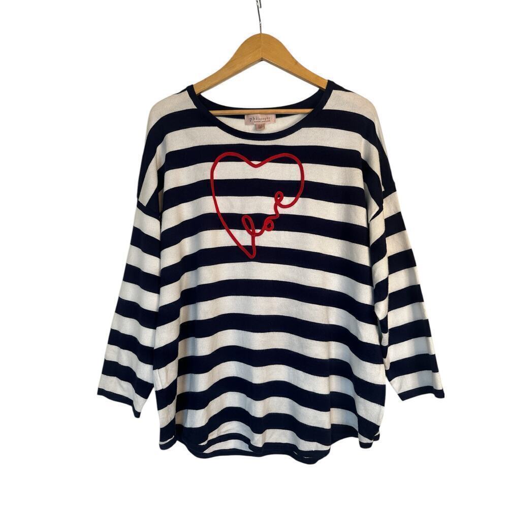 Philosophy Women's Love Heart Striped Pullover Sweater Size 1X Blue White NWT